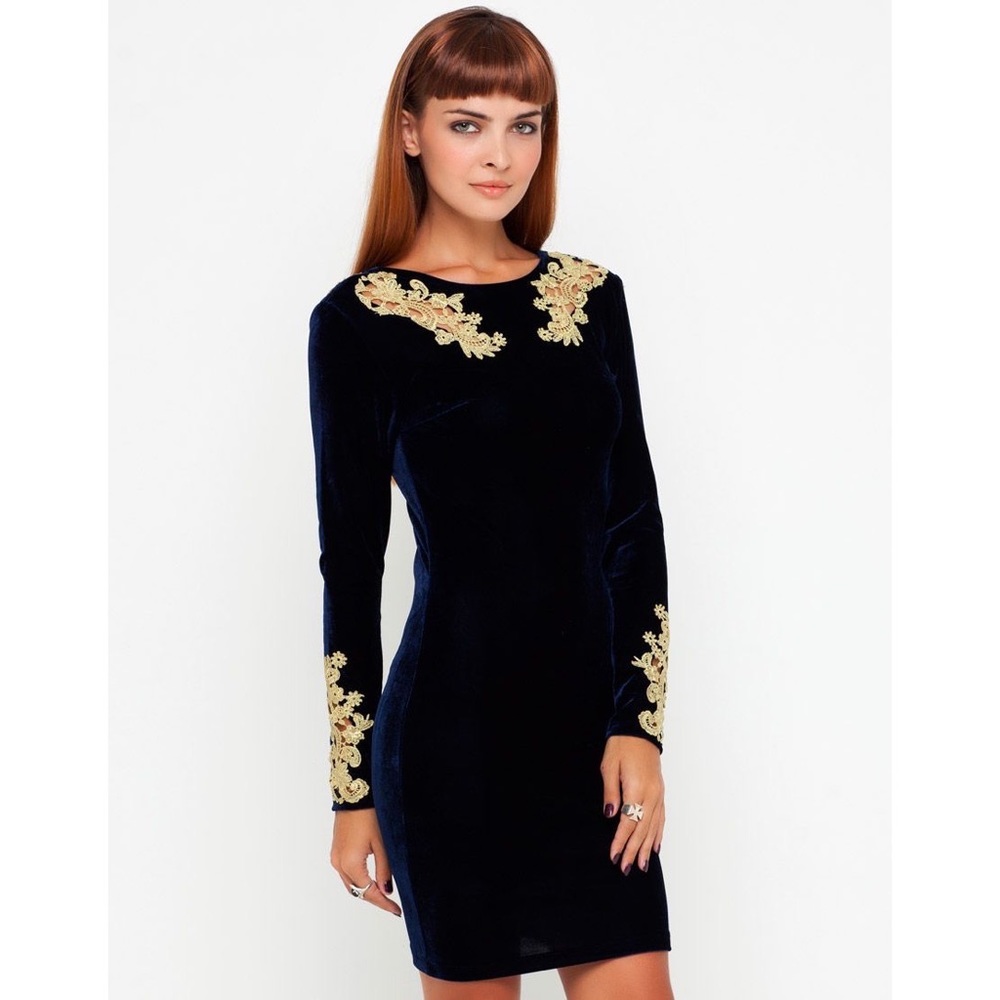 Motel Rocks Velvet Navy Gina Applique Dress